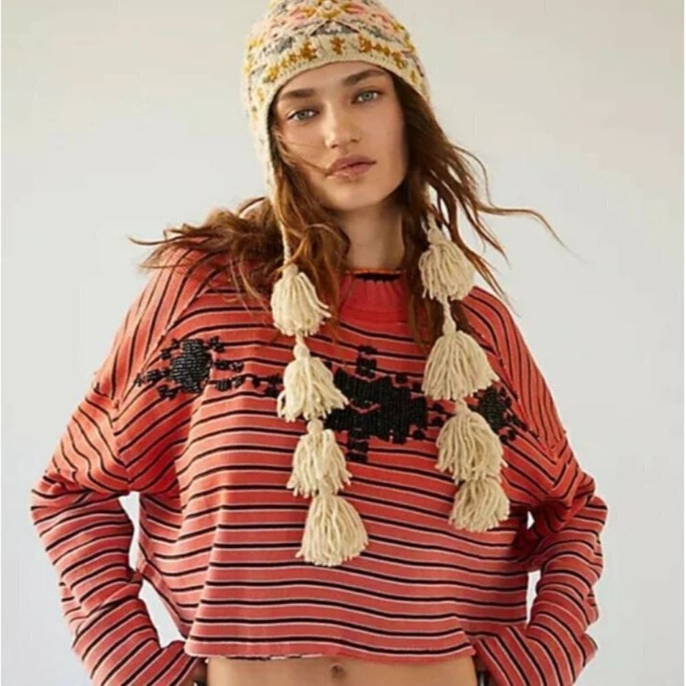 WE THE FREE Avalanche Orange Striped Thermal Cropped Beaded Top Size Small